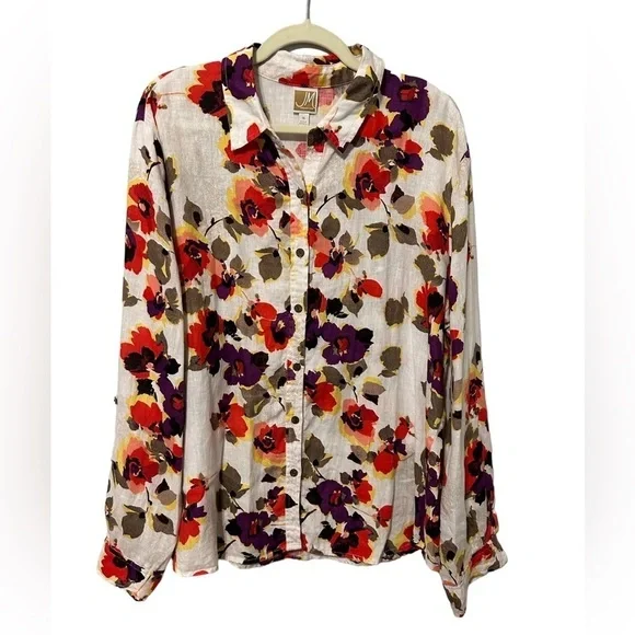 JM Collection Green and Red Button Down Shirt with Notched Collar - Picture 2 of 7